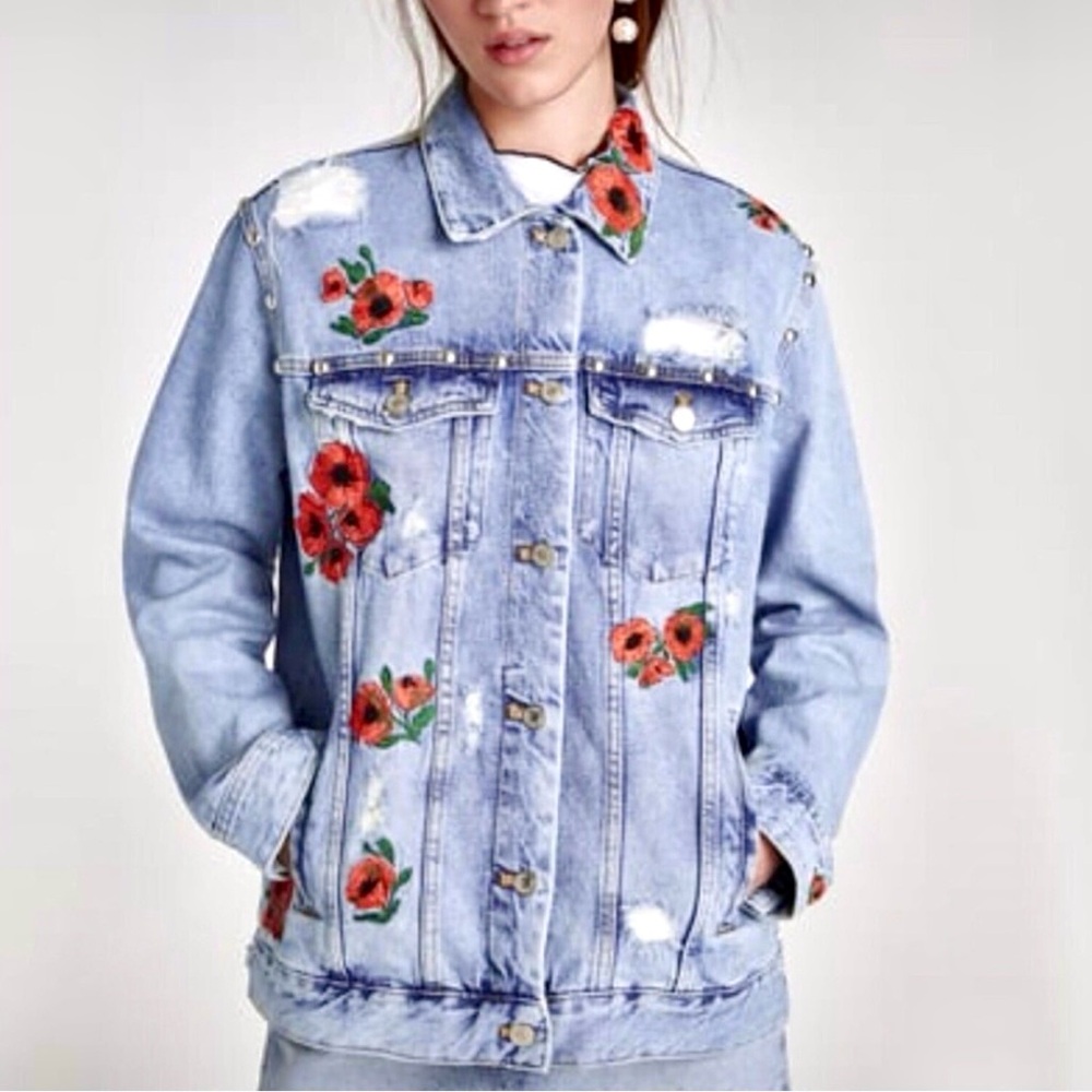 ZARA Trafaluc Denim Jacket – Embroidered Floral, Distressed, Rare! - Picture 1 of 8